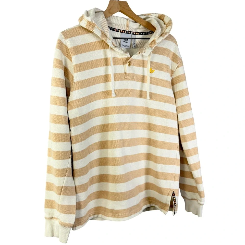 Adidas Originals‎ Mens Striped Henley Hoodie Tan Cream Trefoil Logo Medium